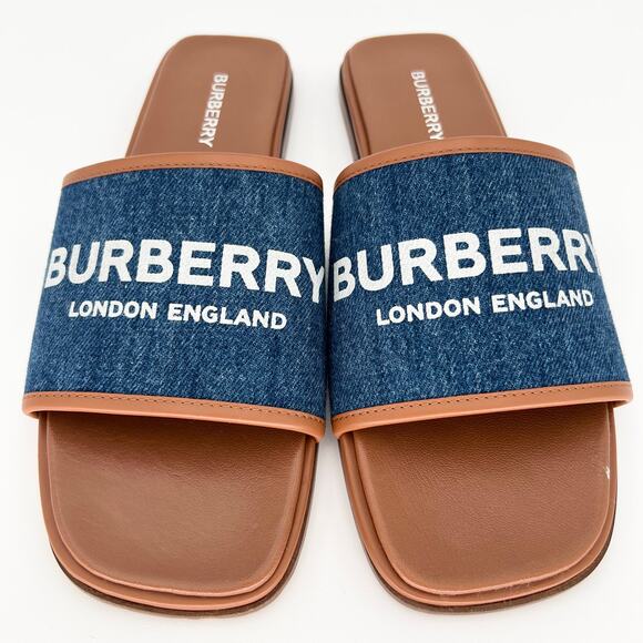 BURBERRY Carolyn Denim Logo Flat Slide EU 38.5 US 8.5 Blue Brown Two Tone Sandal - Picture 2 of 11